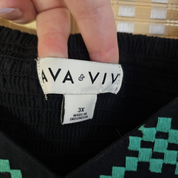 Black Cotton Maxi Dress with Green Geometric Embroidery, Ruffled Hem, Size 3X - Picture 8 of 9